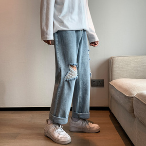 港风宽松破洞休闲裤直筒牛仔裤拖地裤男 XZ214-8 905-P45控69图片