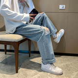港风宽松破洞休闲裤直筒牛仔裤拖地裤男XZ214-8905-P45控69，男装牛仔裤，星座1204-3