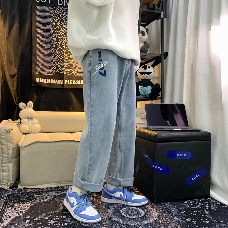 港风百搭印花宽松休闲裤直筒牛仔裤XZ214-8907,男装牛仔裤,星座1204-3