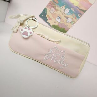 ins刺绣小猫笔袋粉色可爱简约好看便宜文具盒初中女孩小众铅笔盒