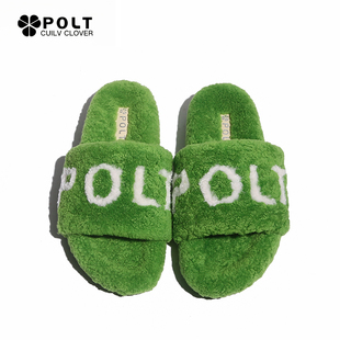 POLT2025春秋新款真皮毛一体羊羔毛毛拖鞋女厚底字母绒毛茸一字拖
