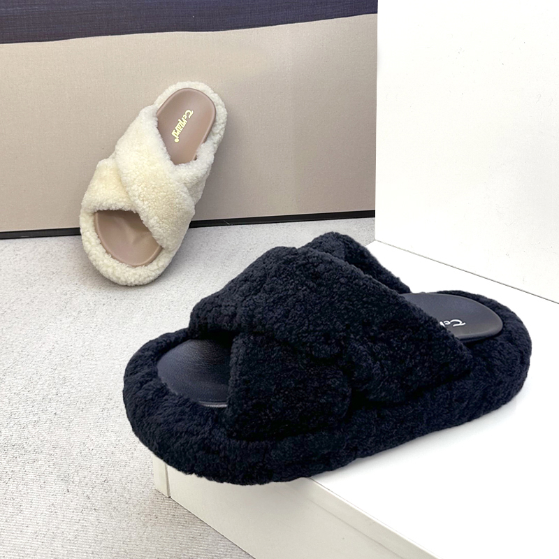 交叉真皮羊羔毛拖鞋皮里夏款外穿