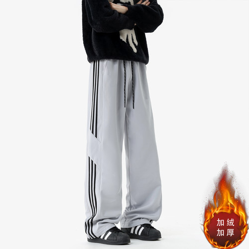 条纹运动裤子男秋冬加绒加厚美式