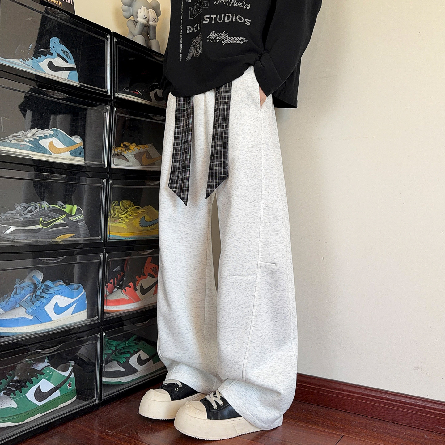 弯刀卫裤男春季新款美式大码宽松休闲裤子潮牌垂感直筒阔腿拖地裤