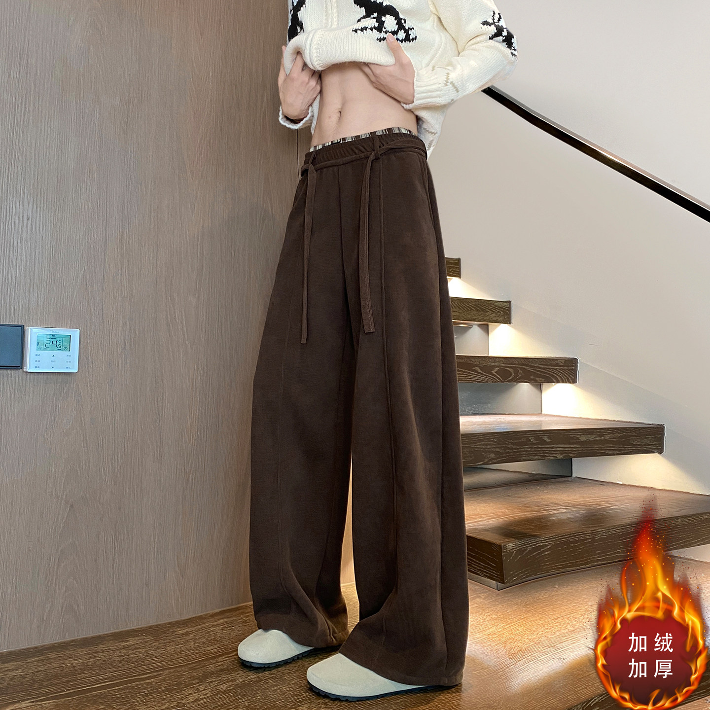 灯芯绒裤子男冬季新款青少年潮流美式高街休闲裤宽松直筒阔腿卫裤