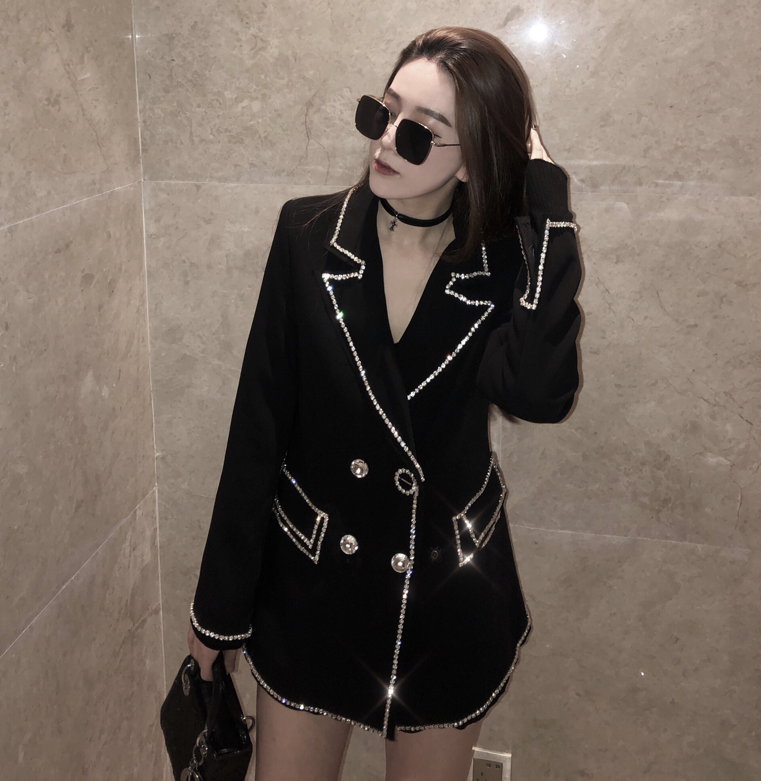 CHICYOU ºÚÉ«¾«ÖÂÉÝ»ªÖع¤×êʯÏâ±ßë±ßÉè¼Æ°º¹óÉÙÅ®·çÎ÷×°ÍâÌ×Çï