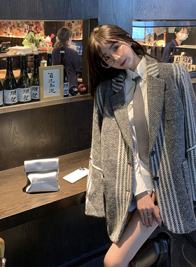 KKK STUDIO 毛呢西装外套女秋冬加厚新款条纹灰色呢子羊毛大衣