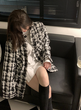 KKK STUDIO 毛呢外套大衣女2021年新款小香风编织格子西装