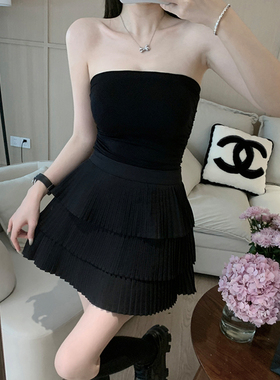 KKK STUDIO黑色褶皱抹胸上衣女秋冬新款带胸垫防走光修身性感内搭