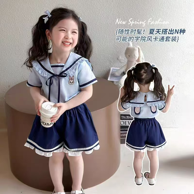 特价女童兔子警官两套装夏季儿童学园风jk两件套裤子+上衣