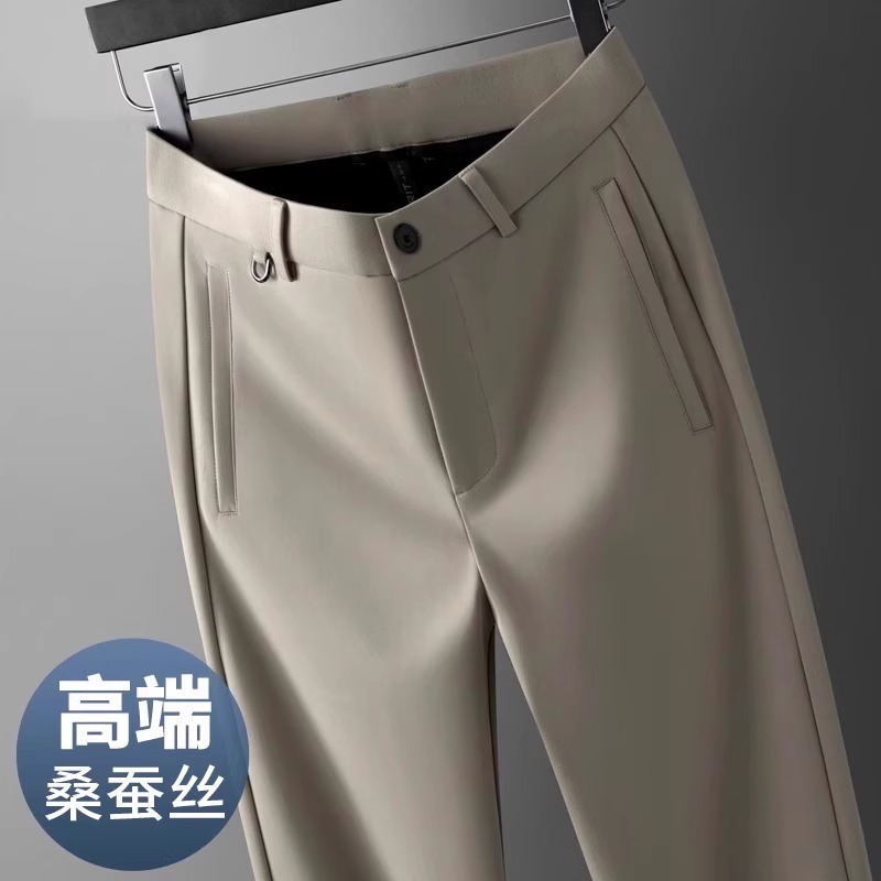 香港高端桑蚕丝休闲裤男2025夏季薄款宽松直筒中年商务爸爸西装裤