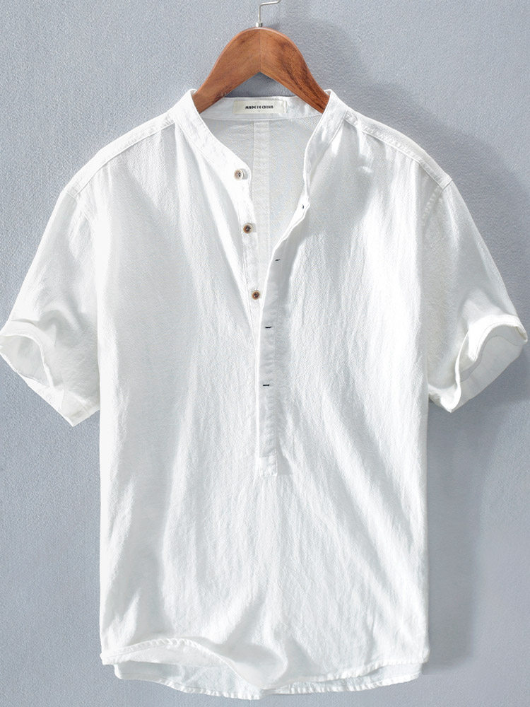 香港棉麻冰丝薄款T恤男夏季短袖白色简约百搭POLO衫立领苎麻衬衫