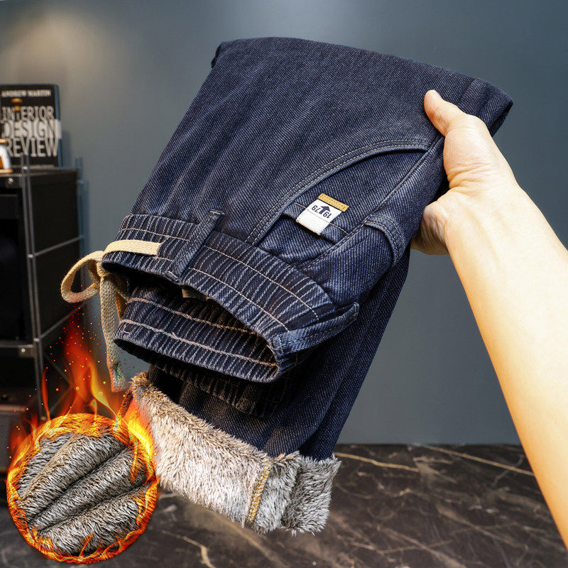 2025秋冬新款加绒加厚牛仔裤男式休闲抽绳松紧腰弹力牛仔裤子男潮