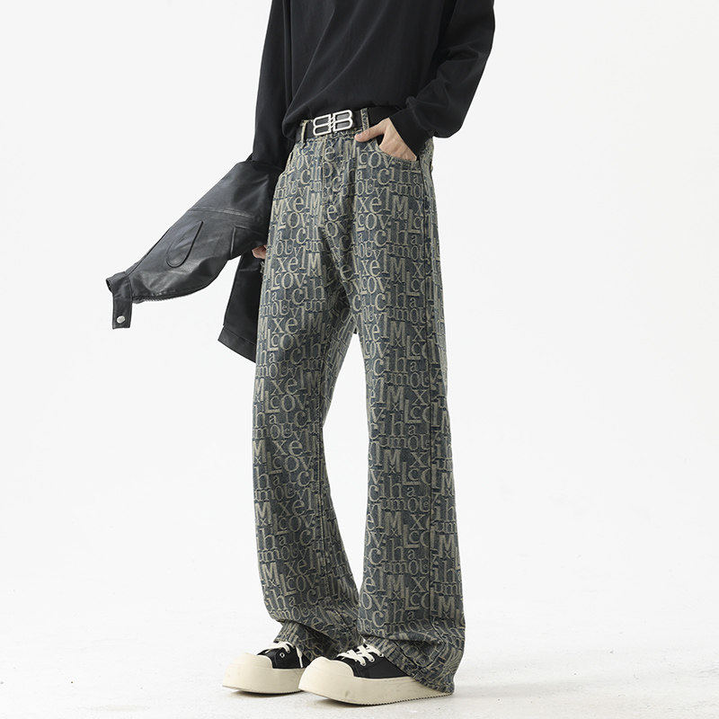 浅蓝色字母提花满印牛仔裤男款秋季美式潮牌vibe修身弯刀微喇裤子