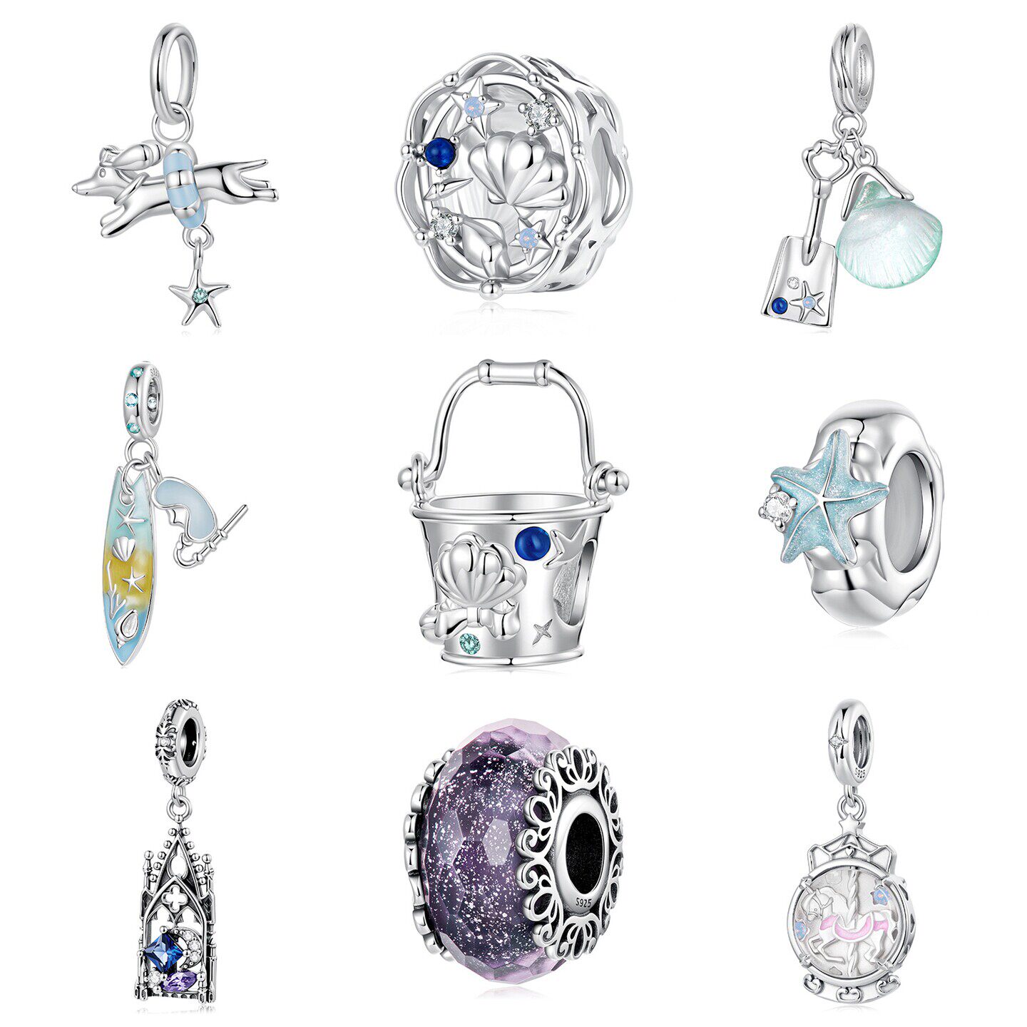 原创纯银海星贝壳手链水桶串珠夏季海洋冲浪板diys游泳圈吊坠配件