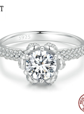 【送证书】一克拉奢华莫桑石戒指婚戒 欧美风925纯银花卉戒指手饰