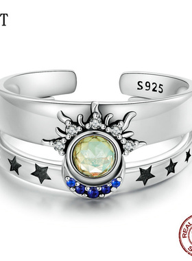 原创日月星辰情侣款开口戒指 复古潮流925纯银戒指七夕礼物配饰女