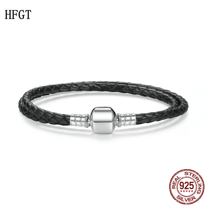 HFGT精美绝伦编织皮手链 S925纯银扣头手环个性百搭款手镯 手链