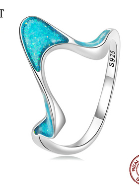 原创蓝色海浪心电图戒指925纯银波浪 抽象线条感优雅克莱因蓝高级