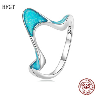 原创蓝色海浪心电图戒指925纯银波浪 抽象线条感优雅克莱因蓝高级