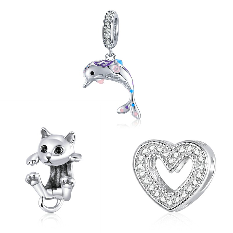 百搭闪耀锆石镂空爱心串珠925纯银diy心形饰品海豚散珠女猫咪配件