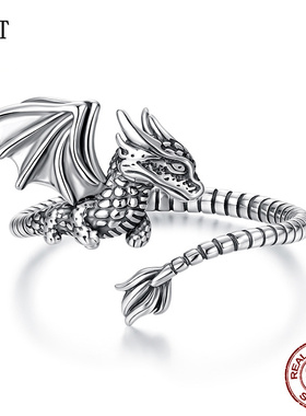 原创s925纯银飞龙开口戒指男女情侣 复古立体中古风可调节戒指