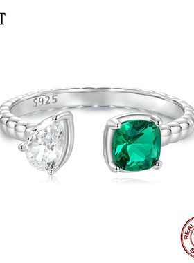 新款奢华风双主石开口戒指 时尚优雅高端925纯银戒指水滴方钻手饰