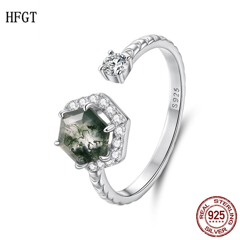 欧美原创s925纯银水草玛瑙开口戒指个性几何六边形复古玛瑙戒指女
