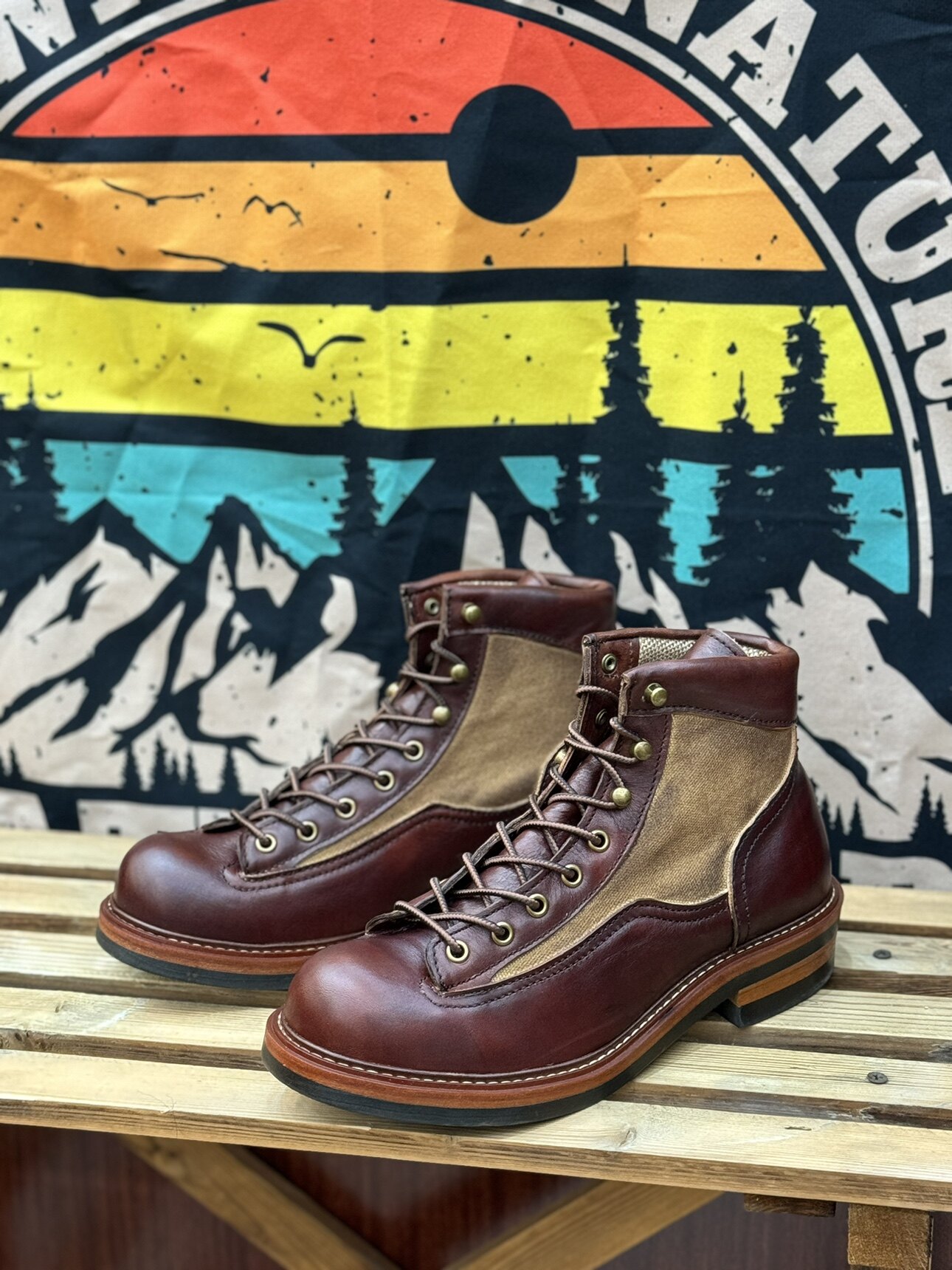 手工复古短脸牛皮拼帆布阿美咔叽哈雷机车靴冬季户外工装靴男