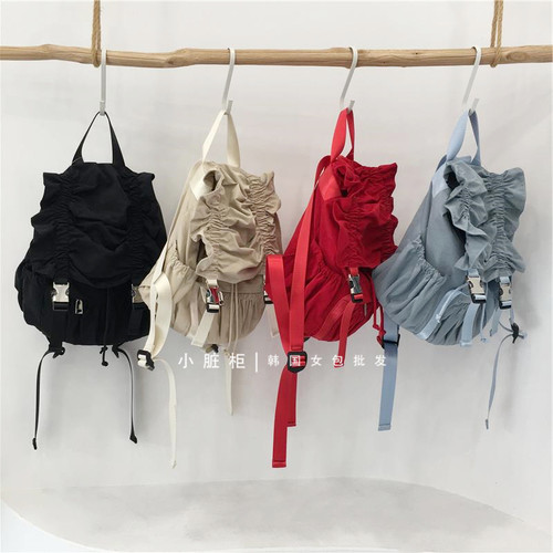 小脏柜 韩国东大门新款ins花边褶皱尼龙双肩包休闲百搭学院风背包