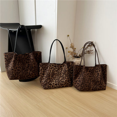 小脏柜 韩系小众复古秋冬麂皮绒豹纹包休闲大容量手提单肩托特包