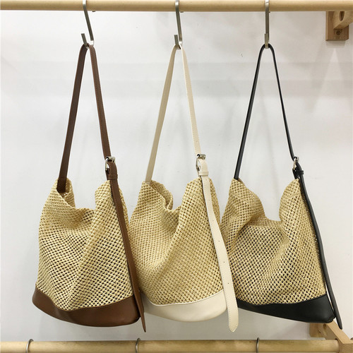 小脏柜 韩系复古草编水桶包大容量百搭时尚度假风单肩斜挎子母包