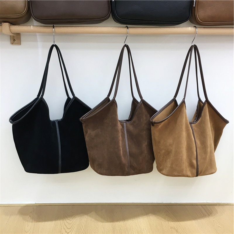 小脏柜 韩国秋冬复古麂皮绒面柔软大容量慵懒风单肩菜篮子托特包