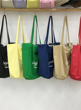 小脏柜 韩系小众夏季休闲学生帆布袋条纹托特包AB双面两背单肩包