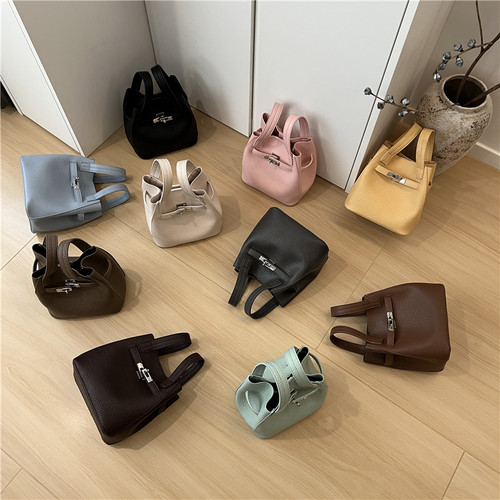 小脏柜 自制小众高级荔枝纹软皮复古锁扣手提菜篮子斜挎小水桶包