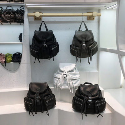 小脏柜 学生复古双肩包百搭旅行通勤书包软皮多口袋抽绳休闲女包