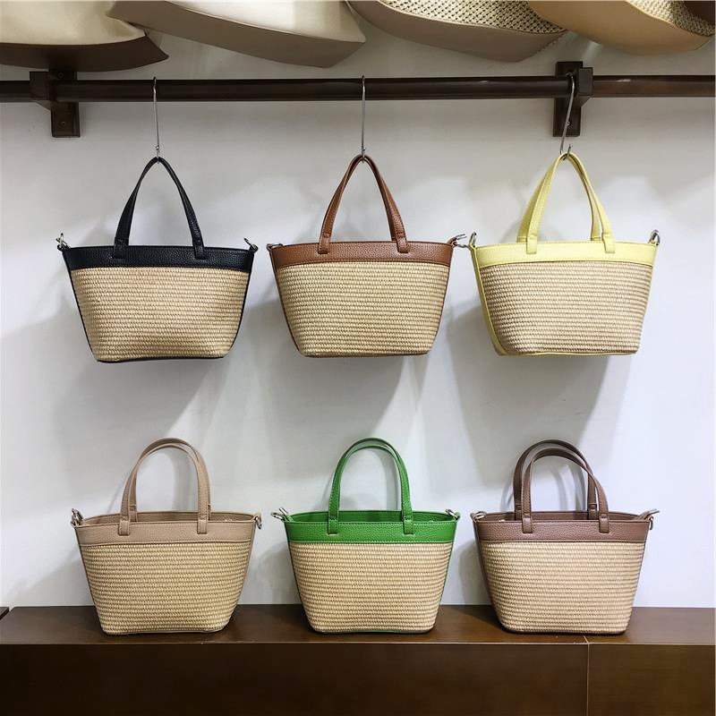 小脏柜 法式夏季小众草编包包撞色拼接休闲女手提单肩斜挎托特包