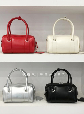 小脏柜 韩国新款简约波士顿包高级感银色红色手提保龄球包斜挎包