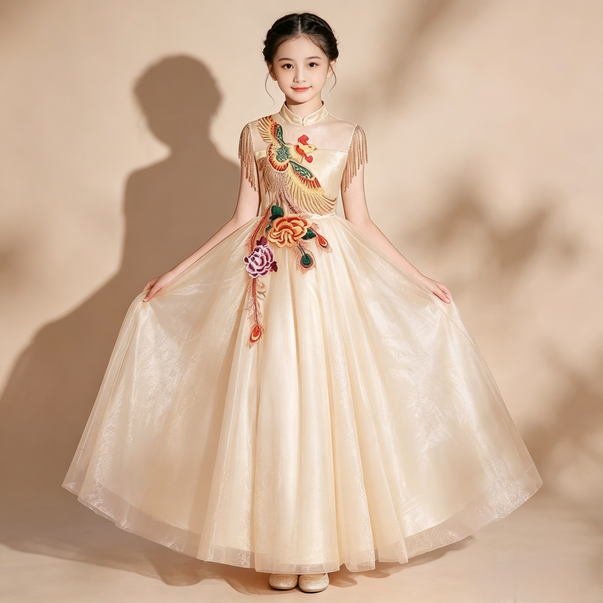 高端女童弹古筝演出服2026新款中国风儿童礼服蓬蓬纱主持人走秀服