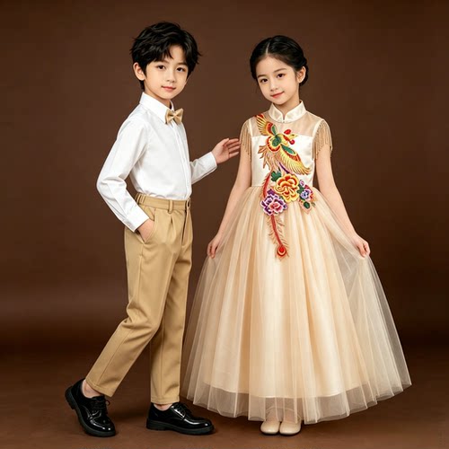 高端女童弹古筝演出服2026新款中国风儿童礼服蓬蓬纱主持人走秀服