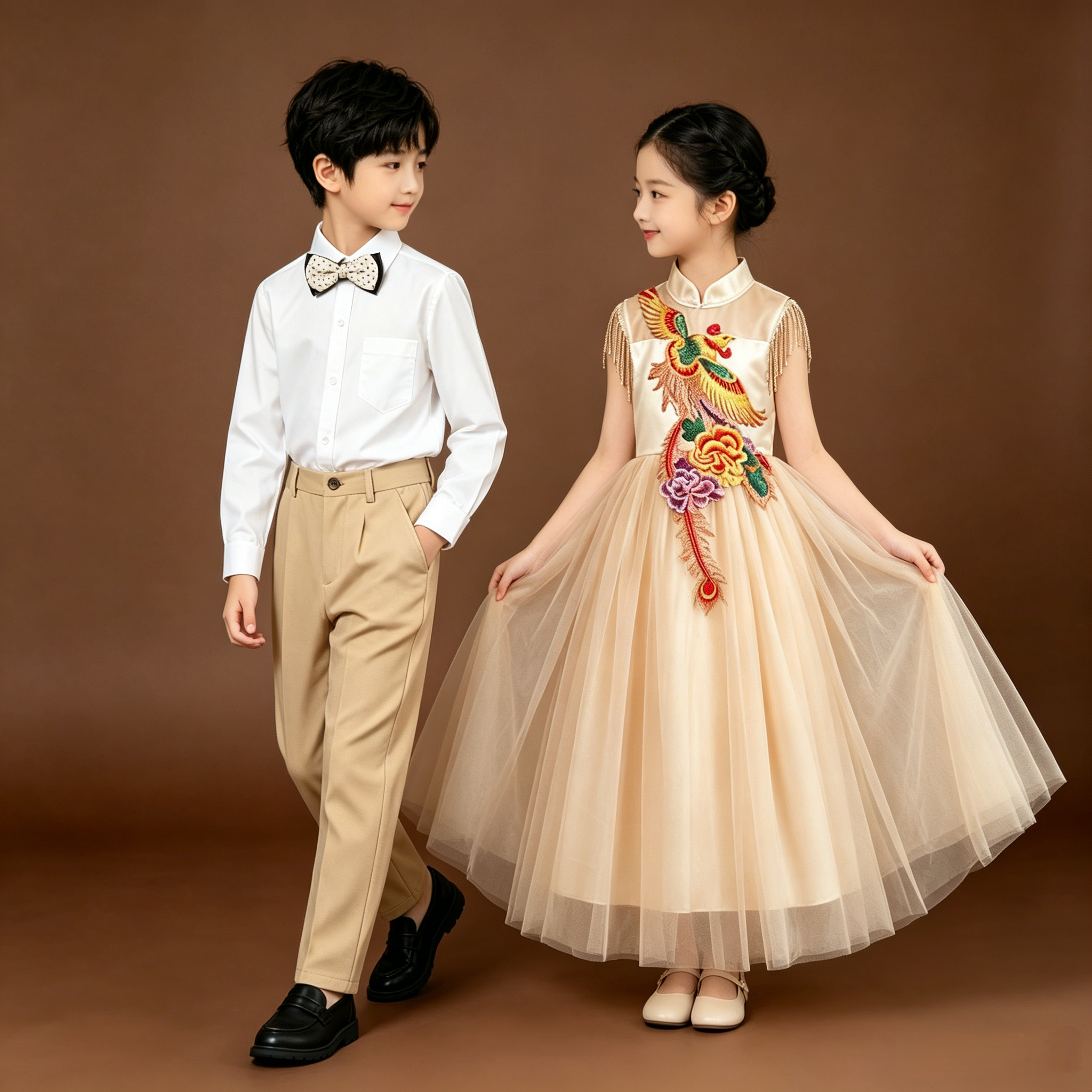 高端女童弹古筝演出服2026新款中国风儿童礼服蓬蓬纱主持人走秀服