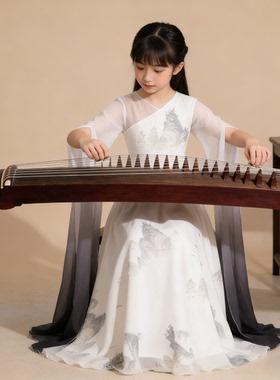 古筝演出服女童中国风水墨画白色长裙艺考表演礼服气质儿童表演服
