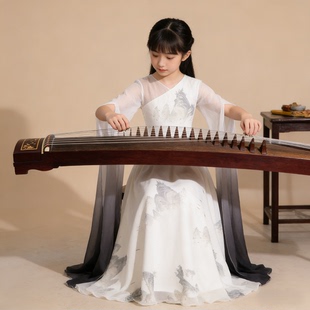 古筝演出服女童中国风水墨画白色长裙艺考表演礼服气质儿童表演服