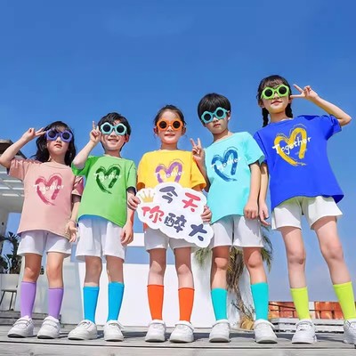 糖果色儿童短袖t恤演出服定制幼儿园中小学生运动会毕业纪念班服