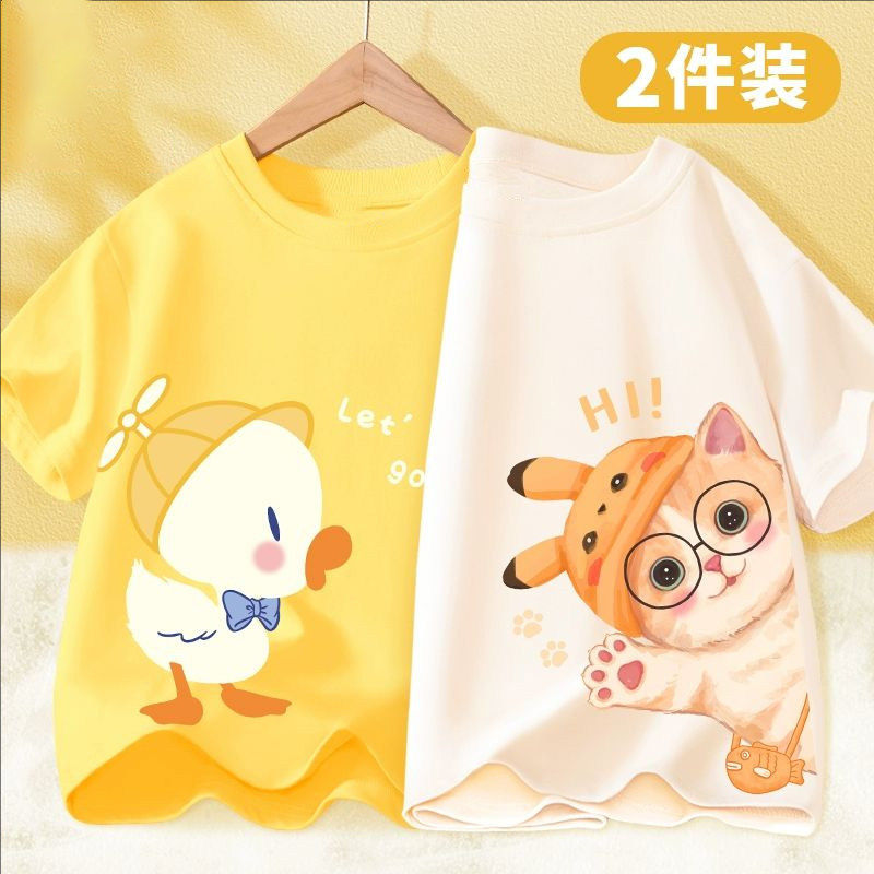 夏季100%纯棉透气运动女童短袖t恤洋气上衣服中大童黄色半袖体恤