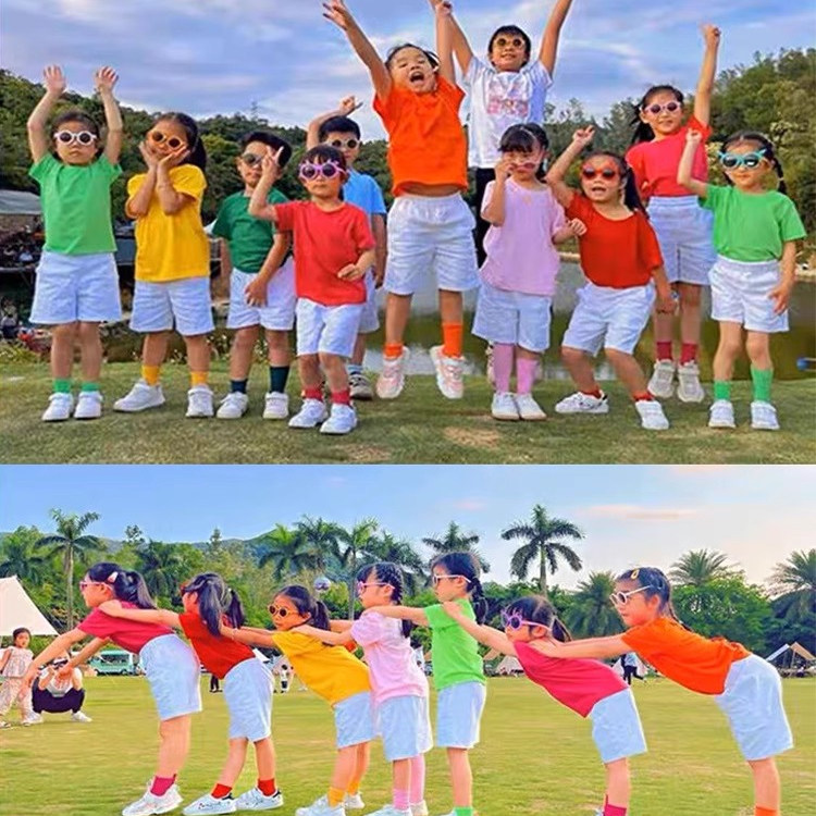 糖果色t恤六一儿童啦啦队演出服幼儿园舞蹈表演服装彩色短袖班服