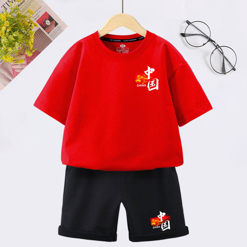 六一儿童节演出服小学生朗诵合唱表演服男童女童纯棉红色短袖套装