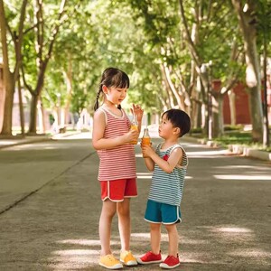 条纹纯棉童装复古运动女童套装男清凉一夏90年代怀旧儿童背心短裤