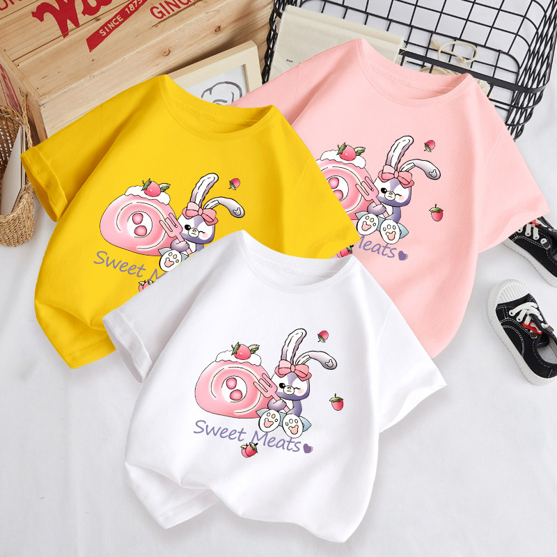 儿童兔子短袖2024男女宝宝纯棉印花可爱休闲圆领半袖上衣T恤韩版