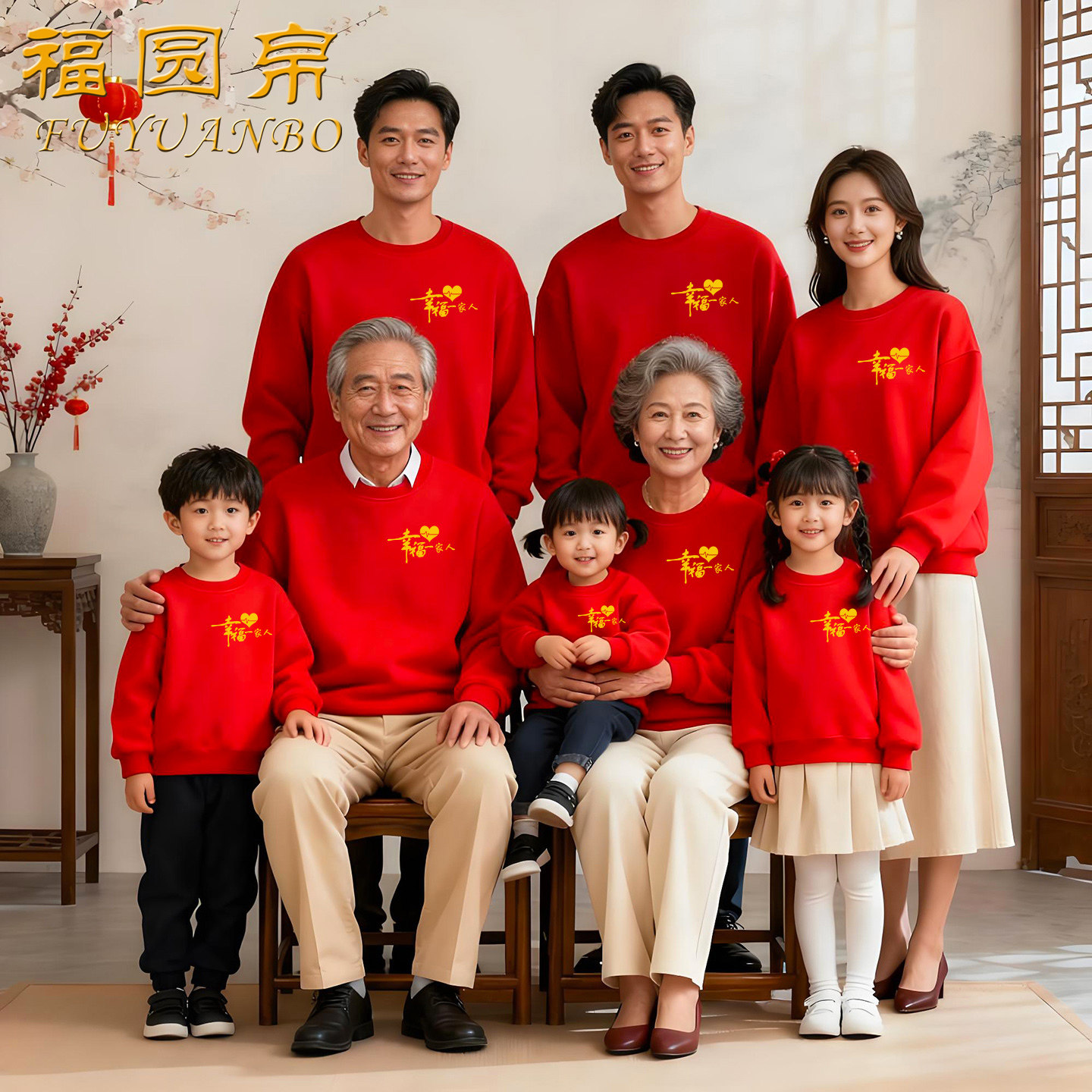全家福亲子装卫衣一家六口红色喜庆爷爷奶奶祖孙三代家族聚会衣服